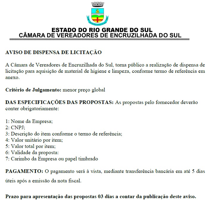 AVISO DE DISPENSA DE LICITAÇÃO PARA COMPRA DE MATERIAL DE LIMPEZA 01/24