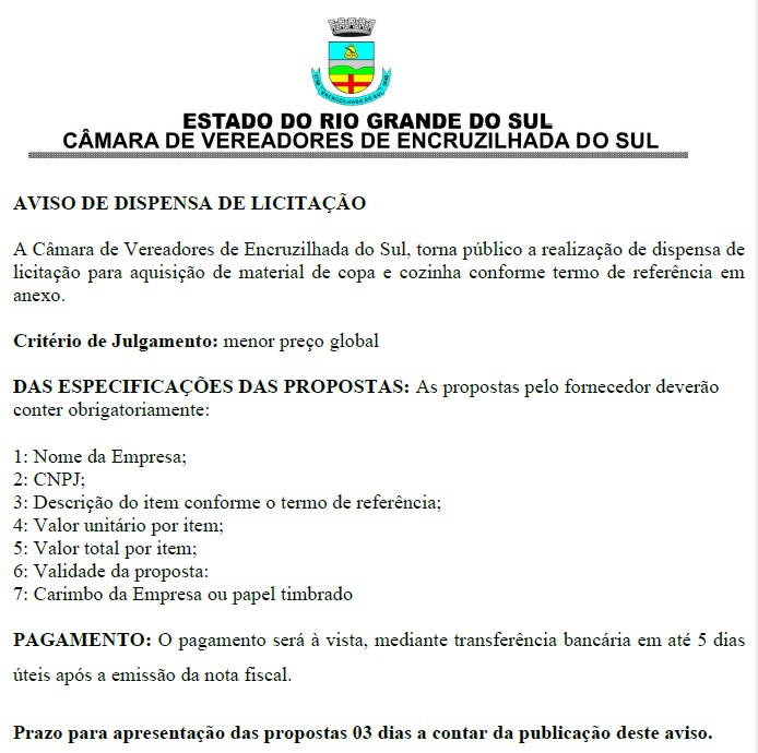 AVISO DE DISPENSA DE LICITAÇÃO PARA COMPRA DE MATERIAL DE COPA E COZINHA 02/24